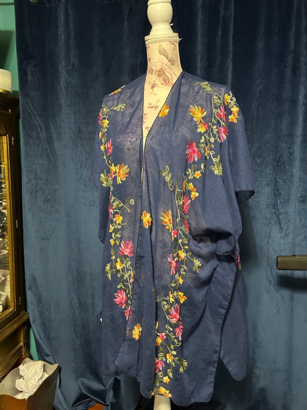 Navy Floral Embroidered Kimono Cover-Up